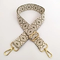 Detail of adjustable geometric diamond jacquard bag strap with gold metal hardware - Silver Clasp / Bean Green
