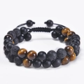 Double-layer natural 8mm tiger eye and lava stone beaded bracelet with adjustable cord - Lava Stone Matte Stone Yellow Tiger Eye Mix