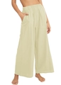 Pantalon large femme en coton lin vert clair avec taille haute élastique et poches latérales - S / Abricot