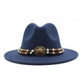 Navy blue wool felt fedora hat with vintage beaded band and decorative gemstone - Navy Blue