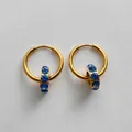 Gold-plated stainless steel hoop earrings with light sapphire birthstone charm - Gold (XER0131) / March Light Blue (Aquamarine Color)
