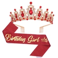 Birthday set with gold crystal tiara hair comb and sparkling wine red Birthday Girl sash - Red & Gold (Girl)