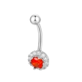 Silver belly button ring featuring a vibrant orange-red gemstone and sparkling zircon halo - Orange-Red Round K-970