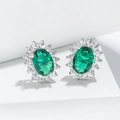 Boucles d'oreilles halo élégantes avec émeraudes vertes ovales et plaquage argent - Stud boucles d'oreilles / Or Blanc Vert Émeraude
