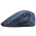 Blauwe denim flat cap met gestreepte stiksels en verstelbare metalen gesp - Donkerblauw