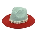 Detail of mint green and red straw hat with triple-layer pearl accents for beach sun protection - Red & Mint Green