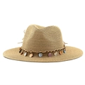 Close-up of woven straw hat featuring a decorative cord and colorful shell charms - M (56-58cm) / Khaki