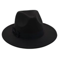 Detailed view of elegant black wool felt fedora with a satin ribbon and bow accent - One Size / Black