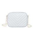 White quilted crossbody camera bag with elegant V-shaped stitching and gold chain strap - White