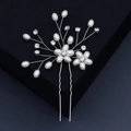 Silver bridal hair pin with handmade white pearls and sparkling rhinestone floral design - HS-J6337 Single Silver Handmade Flower Hair Pin