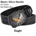 Detail of western belt buckle with silver eagle relief and 3.8cm wide black strap - Black Silver Buckle (Eagle)