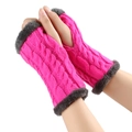 Pink cable knit fingerless gloves with grey faux fur trim for winter warmth - One Size / Neon Red 14#