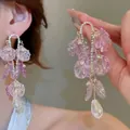 Detail of lavender flower tassel earrings with crystals and transparent teardrop pendants - 34# Silver Earring Post - Lavender Pleated Petal