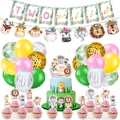 Kit festa giungla Two Wild con striscioni, palloncini e decorazioni floreali per torte - Set 5 Pezzi Animali (33 Pezzi)
