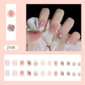 Detail of 24pcs pink peach press-on nails with 3D floral and rainbow patterns - Z338 Rainbow Peach (Glue Style)