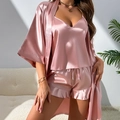 Damen 3-teiliges Schlafanzug-Set aus rosa Satin mit Morgenmantel, Top und Shorts - S / Rosa