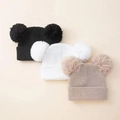 Gebreide kindermuts met dubbele imitatiebont pompons in zwart wit en bruine tint - Eén maat / Zwart+Wit+Beige (3-Set)