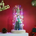 Macro shot of glass dome Christmas tree with colorful LED lights on wood base - Style 10