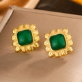 Vintage gold-plated square earrings with green resin stone and sunburst pattern - Gold/Green (E-309)