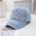 Light blue washed denim baseball cap with white Sweet Moment embroidery and distressed brim - Light Blue