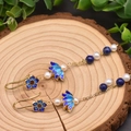 Baroque pearl drop earrings with blue cloisonne enamel flowers and gold hook finish - Small Flower Lotus Leaf Pendant
