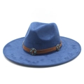Close-up of blue suede fedora with brown leather band and turquoise metal buckle - M (56-59cm) / Navy Blue