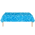 Detailed view of ocean wave pattern on a blue rectangle tablecloth with natural drape - Ocean Ripples / 137x274cm