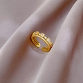 Macro view of gold plated open ring featuring square and round zircon stone inlay - Adjustable Open / Real Gold Plated Gold (J0062)