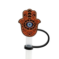 Reusable orange and black Hamsa Hand silicone straw cover with blue evil eye design - Orange Black Hamsa Hand