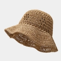 Close-up of the breathable crochet hollow pattern on this beige hand-woven straw hat - M (56-58cm) / Solid Khaki Style