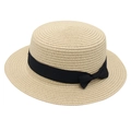 Classic beige straw boater hat with a black ribbon bow for elegant sun protection - Adult (56-58cm) / Beige