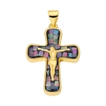 Detailed close-up of golden cross pendant with colorful abalone shell and crucifix - Gold Cross-Colorful Mother of Pearl-Jesus Figure