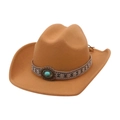 Detail of camel felt cowboy hat featuring ethnic jacquard band and turquoise stone accessory - One Size / Camel (Turquoise)