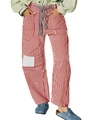 Detailed view of red and white striped casual pants with drawstring waist and patch pockets - Red