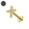 Golden G23 titanium labret stud with zircon-inlaid cross design for piercings - Cross Style / 1.2*6mm / Gold