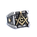 Anello massonico vintage in acciaio inossidabile bicolore con bussola e squadra in oro - US 7 / Oro Bicolore (07406)