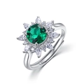 Eleganter Sonnenblumenring aus S925-Silber mit grünem Labor-Smaragd und funkelnden Steinen - Einstellbar / Laborgezüchteter Smaragd