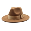 Classic brown wide brim wool fedora hat with satin band and gold bee pin detail - Light Coffee