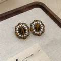 Vintage-Ohrringe in Blumenform mit Tigerauge und Perlen auf Silbernadeln - 2# Silber-Ohrstecker - Gold - Kaffee