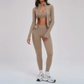 Ensemble de yoga 3 pièces mocha avec veste zippée, passe-pouces et legging taille haute - S / Veste + Soutien-gorge-1 + Leggings (3 pcs) - Marron Camel