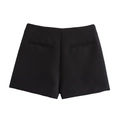Vista posteriore di pantaloncini neri a vita alta in tessuto con due tasche a filetto decorative - XS / Nero