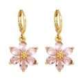 Elegant gold flower drop earrings with pink zircon petals and hugging hoops for women - Pink