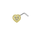 L-shaped heart nose stud with white cubic zirconia pavé in gold and silver finish - Two Tone Heart Zirconia Style (#6)