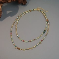 Bohemian colorful natural stone beaded long necklace with gold charms and adjustable chain - Bohemian Colored Gravel