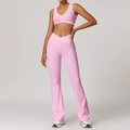 Roze en witte yogaset met gekruiste taille, rugloze sportbeha en flared fitnessbroek - 8843 Bh + 8843 Flarebroek - Kersenbloesemroze / S