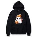 Black Halloween hoodie with cartoon ghosts, pumpkins, and bats print on white background - S / Black