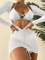 Three-piece white bikini set with long sleeve sheer cover-up and drawstring skirt - S / White