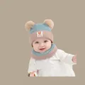 Winter knit baby hat and scarf set in light blue stripes with twin faux fur pom-poms - Best Friends Set Blue (2 Months - 2 Years)