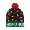 Black knitted Christmas beanie with LED lights, green cuff, and colorful candy cane patterns - 56-60cm / Style E(ZZM61)