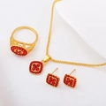 Luxurious gold-tone jewelry set with radiant red round stones in geometric square design - Necklace + Ring + Earrings + Bracelet (8353)